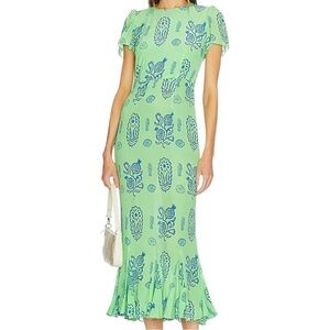 RHODE Green Floral Print Midi Dress with Blue Motif